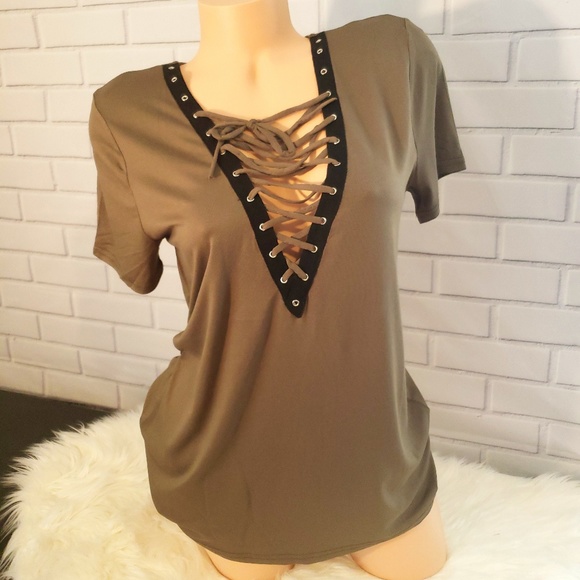 Olive Lace up Jersey Top - Picture 2 of 4